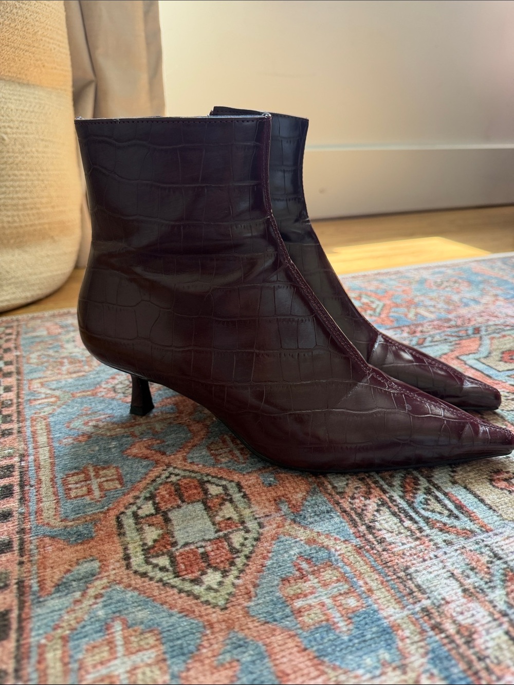 Mango Croc-Embossed Pointed Ankle Boots in Dark Burgundy